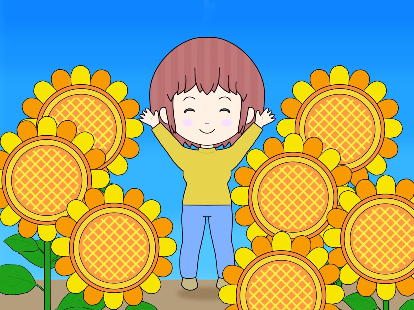ひまわり畑で笑顔の女の子の夏イラスト(かつとし)