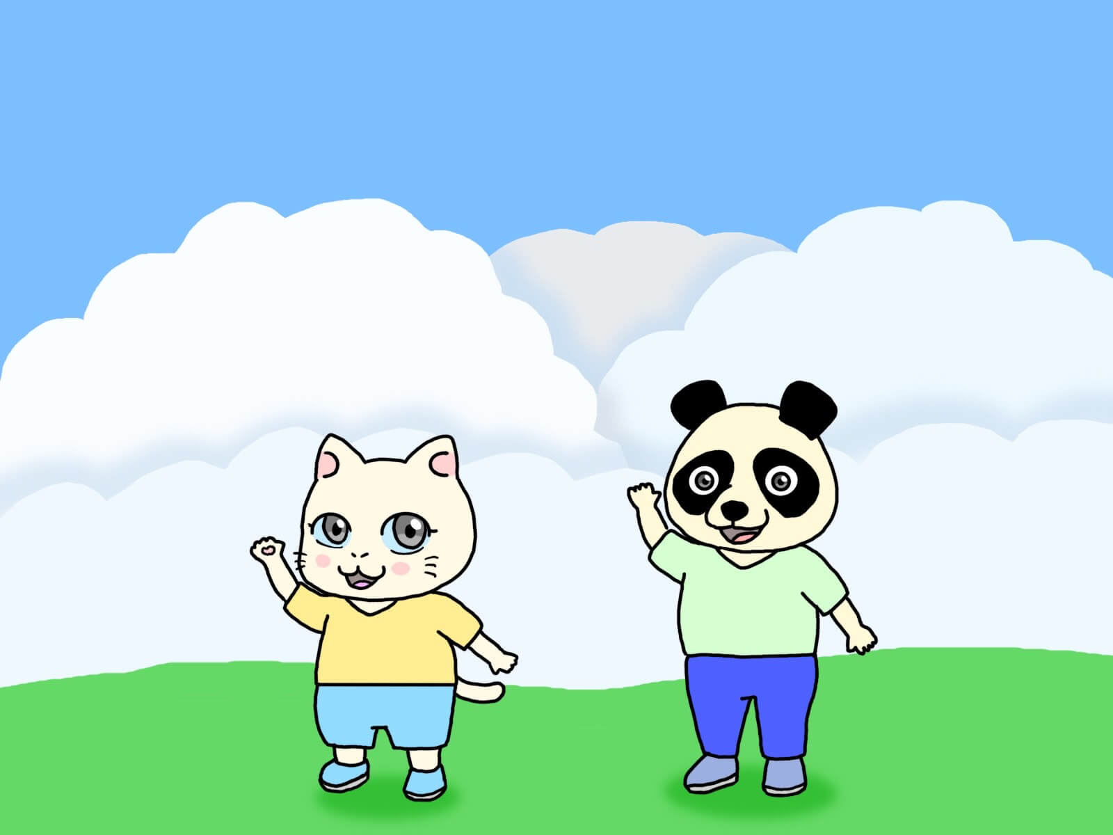 ねことパンダと入道雲の夏イラスト(かつとし)